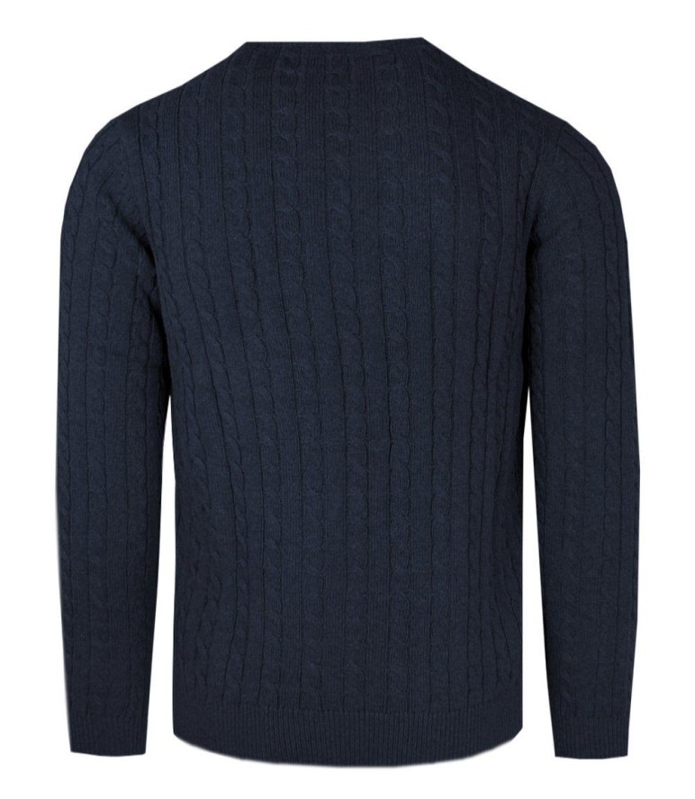 Bawełniany Sweter Męski - Pako Jeans - Splot Warkoczowy - Granatowy