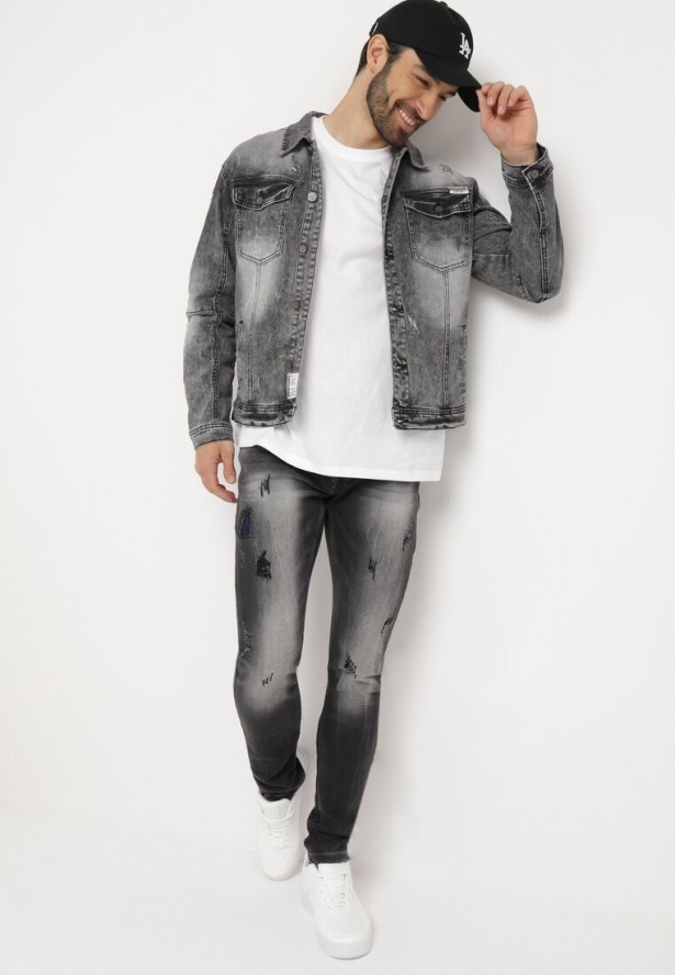 Ciemnoszare Dopasowane Jeansy z Efektem Sprania i Drobnymi Przetarciami Nodelara