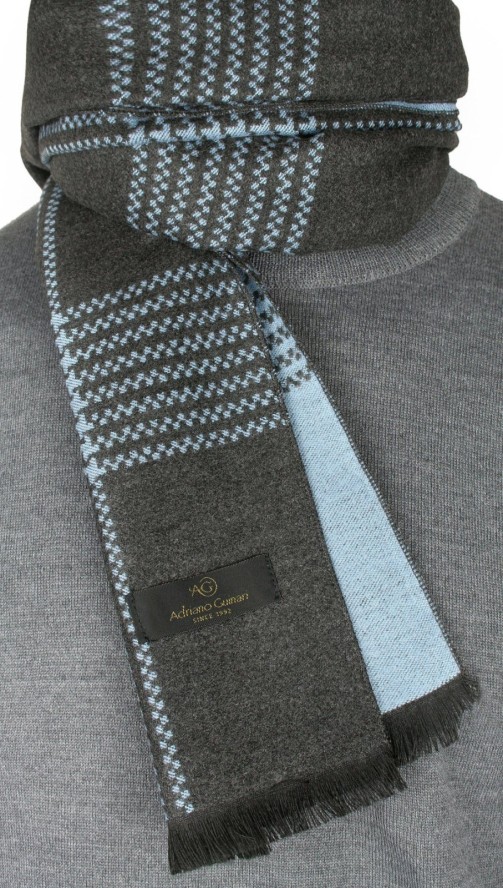 Jesienno-Zimowy Szalik Dwustronny - Wiskoza - Szarość i Niebieski