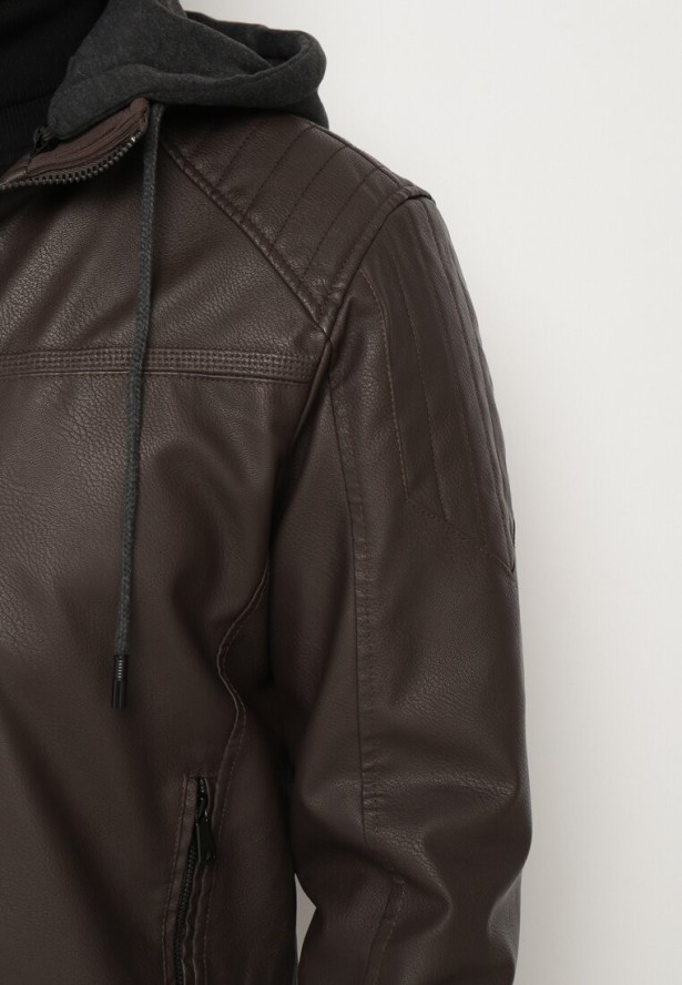 Brązowa Kurtka Ramoneska ze Ściągaczami i Odpinanym Kapturem Materiałowym Lozalina