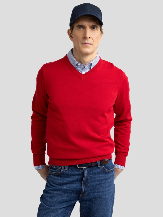 Sweter męski bawełniany z dekoltem v-neck czerwony Vassic 603