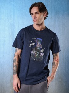 4F T-shirt regular z nadrukiem męski - granatowa XXL