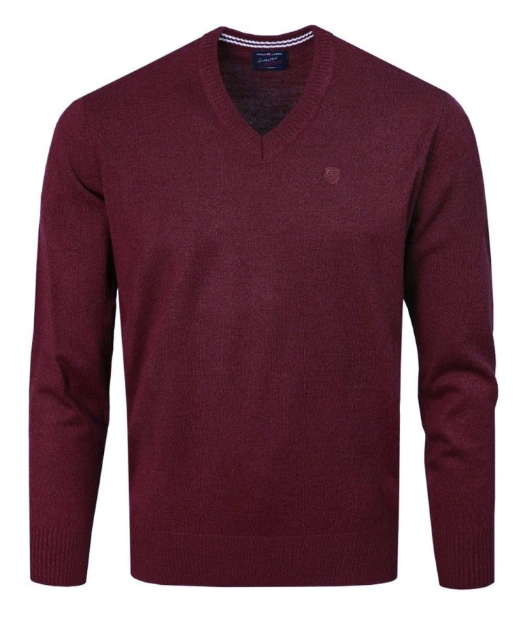 Sweter Męski Wełniany - Dekolt w Serek - Pako Jeans - Bordowy