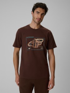 4F T-shirt regular z nadrukiem męski - brązowy M