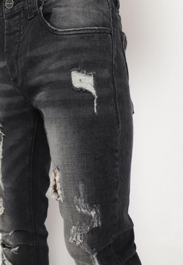 Czarne Jeansy Regular Ozdobione Dziurami i Przetarciami Tetersa