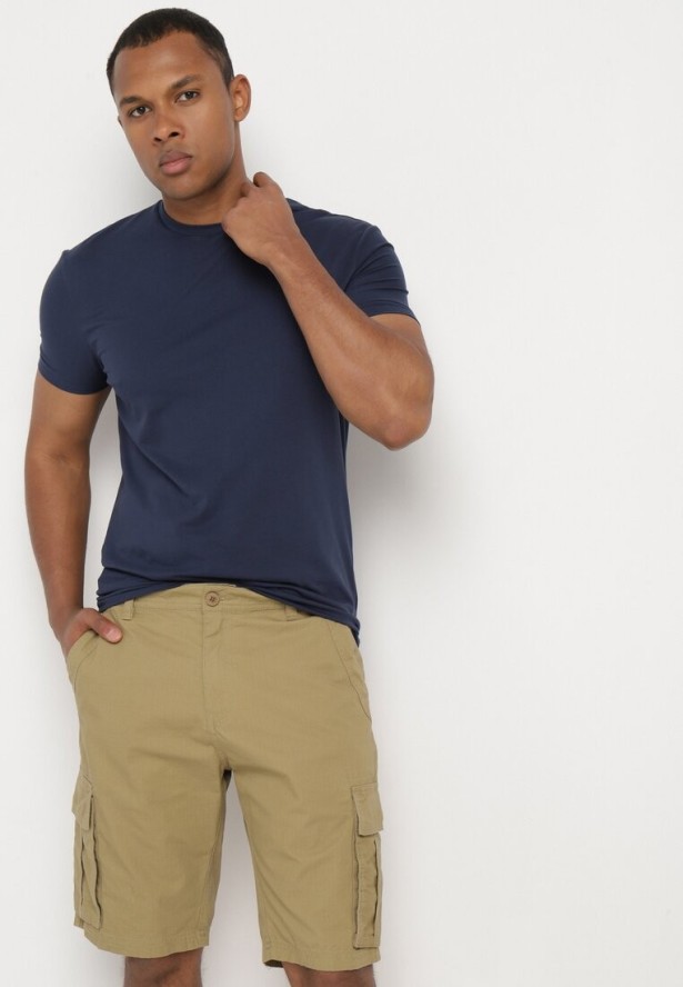 Ciemnobeżowe Bawełniane Szorty Zapinane na Suwak z Kieszeniami z Klapami Piovala