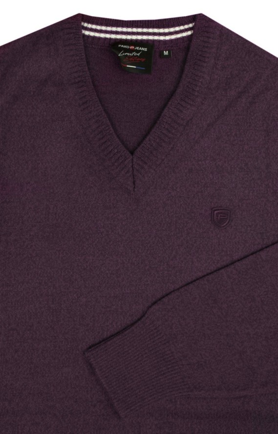 Sweter Męski Wełniany - Dekolt w Serek - Pako Jeans - Śliwkowy