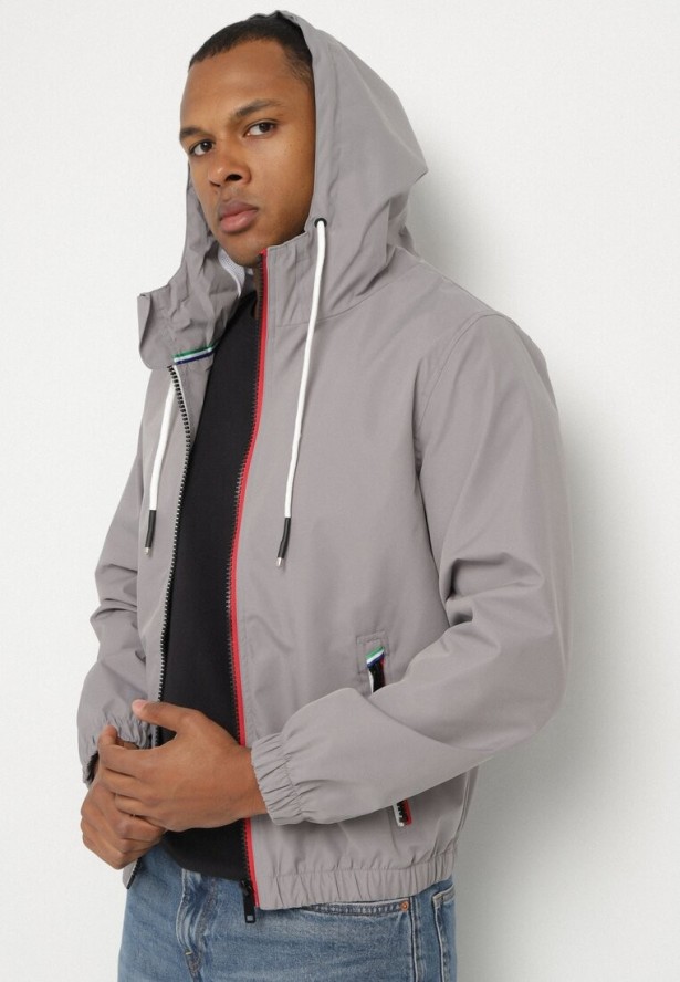 Szara Kurtka Wiatrówka z Kapturem i Zasuwanymi Kieszeniami Adivoria