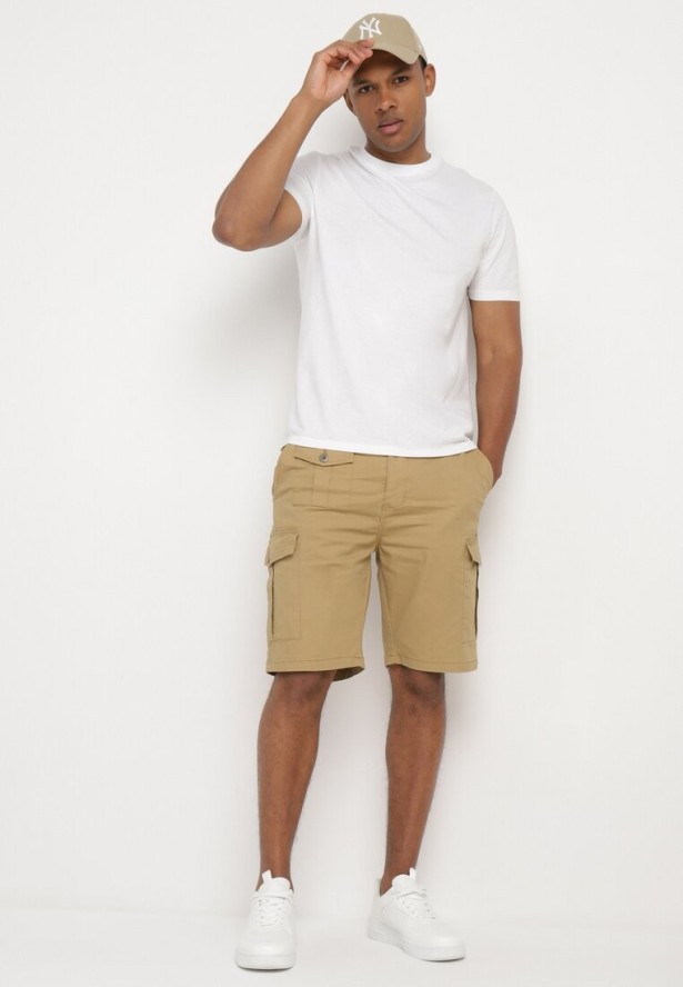 Ciemnobeżowe Bawełniane Szorty Typu Bojówki z Kieszeniami Zapinanymi na Napy Tiasola