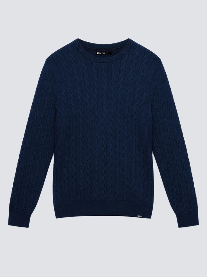 Sweter męski ze splotem warkoczowym granatowy Amaris 403