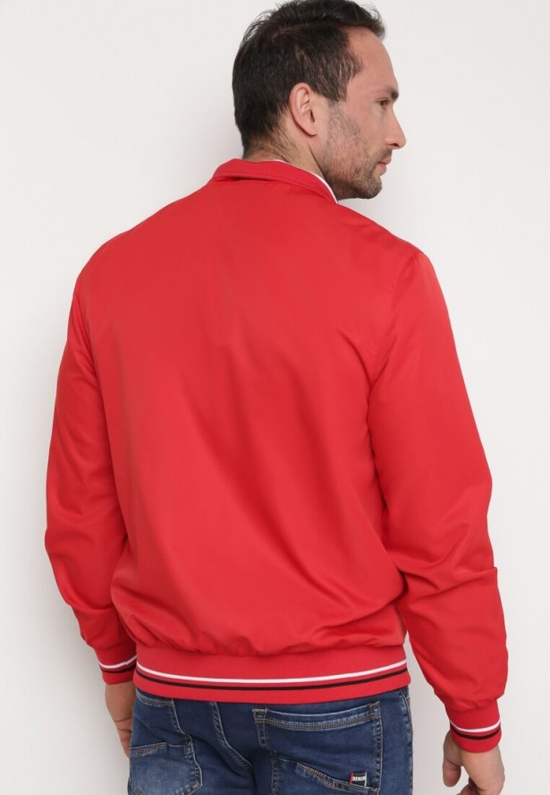 Czerwona Kurtka Przejściowa ze Ściągaczami w Paski i Kieszeniami Laname