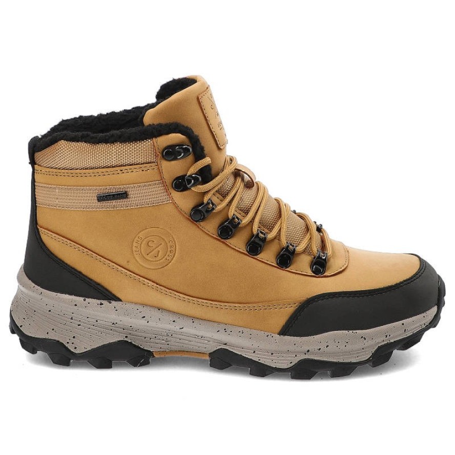 Trekkingi męskie Cross Jeans, z ekoskóry i materiału ocieplane wewnątrz sznurowane i wyposażone w solidną traktorową podeszwę, camel, KK1R4026C