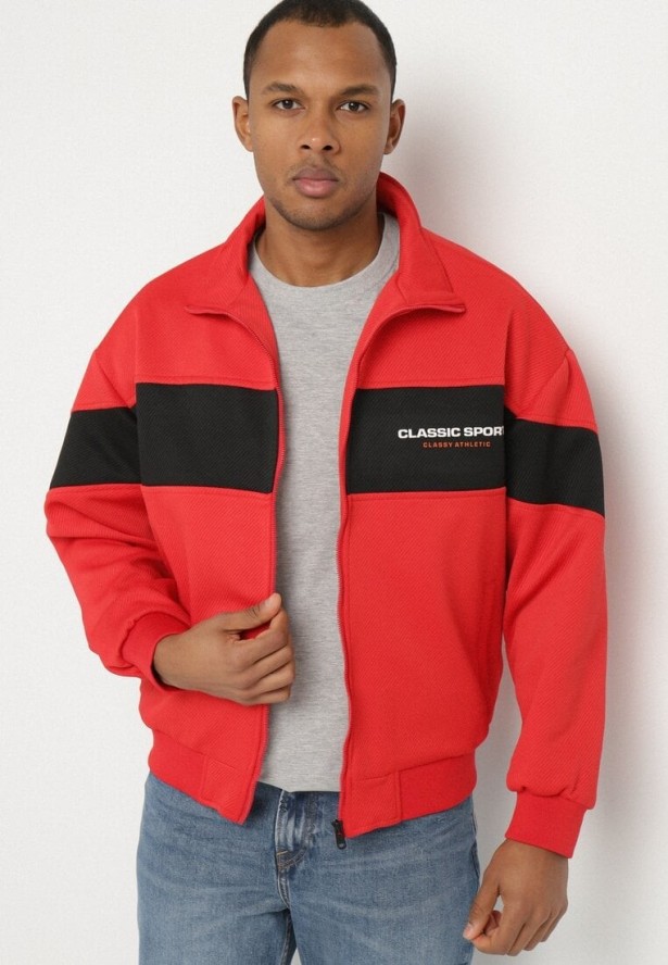 Czerwona Kurtka z Geometrycznym Pasem i Napisem Fonalena