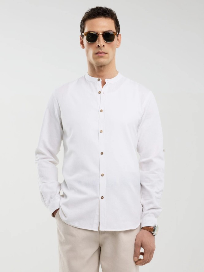 Lniana koszula męska na stójce biała Janew 101