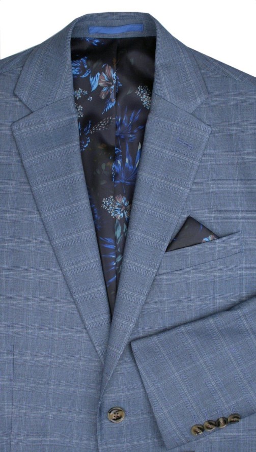 Garnitur, Jasny Niebieski w Kratkę Zapinany na Dwa Guziki, SLIM, Spodnie w Kant -VICTORIO