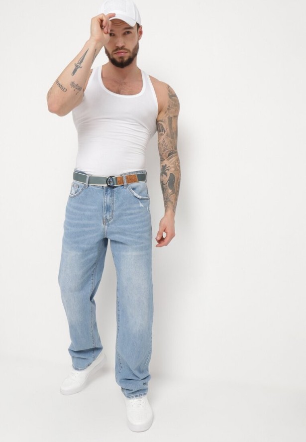 Niebieskie Jeansy Regular Bawełniane z Materiałowym Paskiem Hisperwa