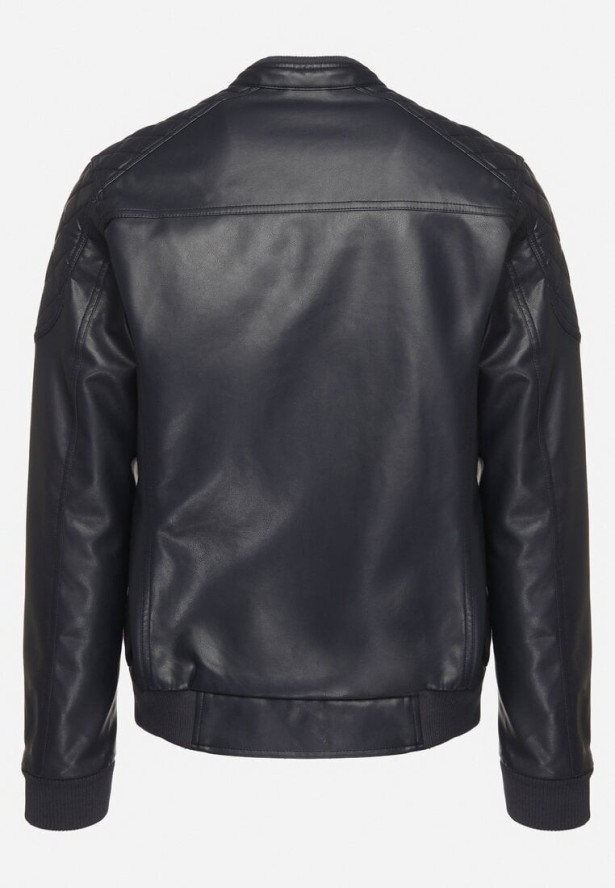 Granatowa Ramoneska Kurtka w Stylu Motocyklowym ze Stójką Tinina