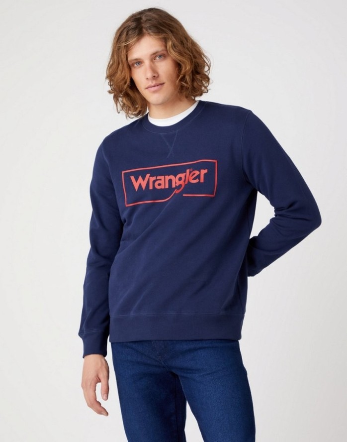 WRANGLER FRAME LOGO CREW MĘSKA BLUZA KLASYCZNA NADRUK NAVY W662HA114 112320240