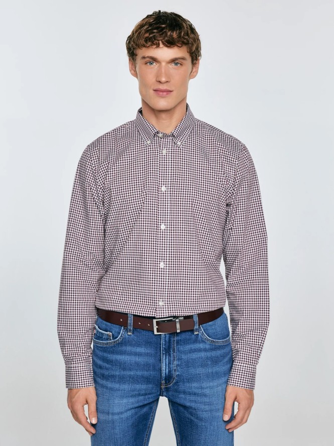 Koszula męska bawełniana w drobną kratę bordowa Gibbsoner 604