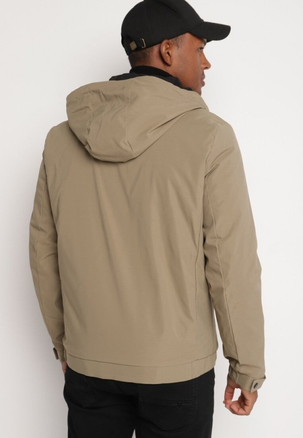 Ciemnobeżowa Jednorzędowa Kurtka z Odpinanym Kapturem i Napami przy Rękawach Elondraea
