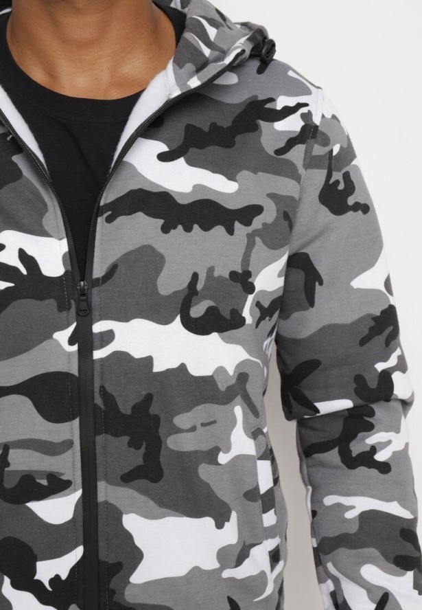 Szary Komplet Dresowy Moro Rozpinana Bluza z Kapturem Spodnie ze Ściągaczami Rotita