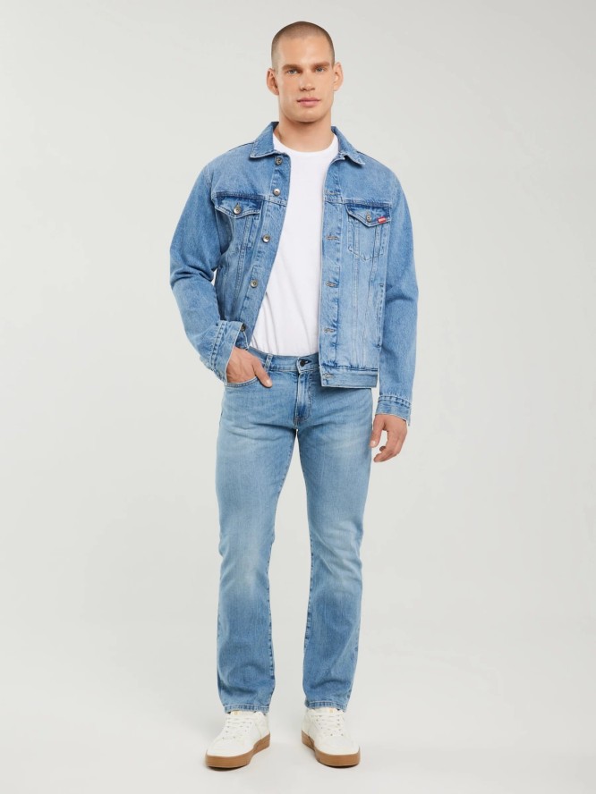 Jeansy męskie dopasowane z przetarciami jasnoniebieskie Tobias 295