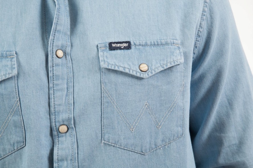 WRANGLER LS DENIM SHIRT MĘSKA KOSZULA JEANSOWA LOGO LIGHT INDIGO W5M7C3X4E 112130235