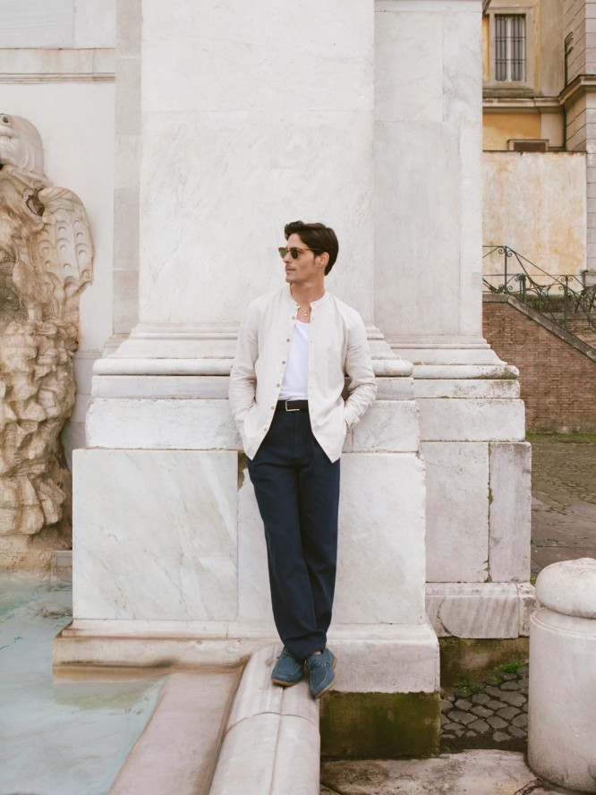 Spodnie męskie loose z dodatkiem lnu granatowe Patrik 403