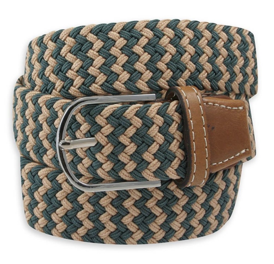 Pasek Elastyczny, Zielono-Beżowy, Pleciony, do Spodni, Casualowy, Parciany -ALTIES