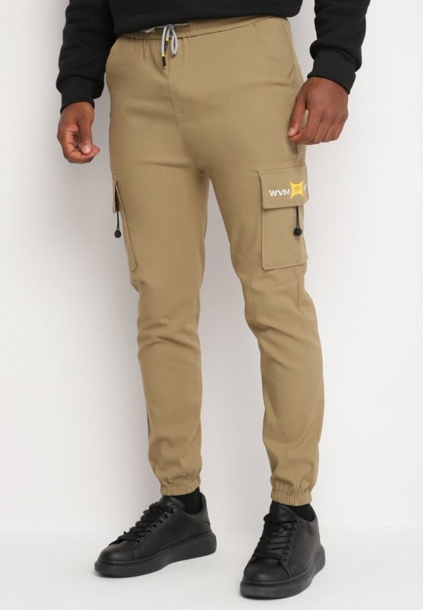 Ciemnobeżowe Spodnie Cargo z Bawełną Ozdobione Napisem i Gumką w Pasie Tarionna