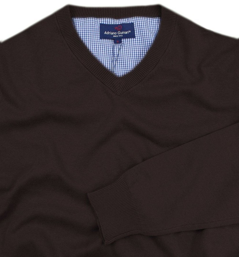 Czekoladowy Męski Sweter w Serek (V-neck) - Adriano Guinari - 100% Bawełna, Elegancki
