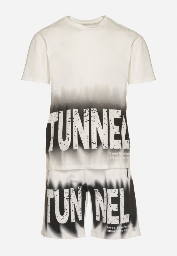 Biały Bawełniany Komplet Dresowy Koszulka z Nadrukiem i Szorty z Kieszeniami Bezbia