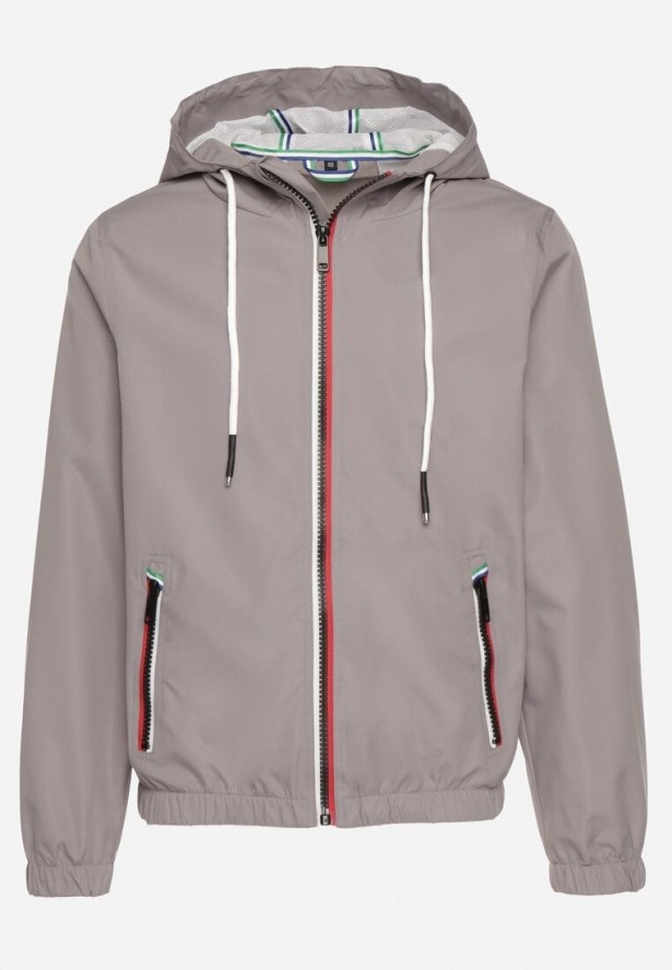 Szara Kurtka Wiatrówka z Kapturem i Zasuwanymi Kieszeniami Adivoria