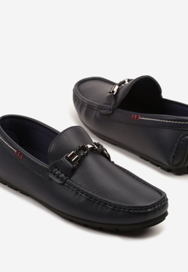 Granatowe Półbuty Mokasyny z Ozdobnymi Przeszyciami i Aplikacją Wismea