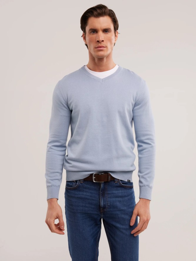 Sweter męski bawełniany z dekoltem v-neck niebieski Vassic 400