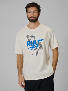 4F T-shirt loose z nadrukiem męski - beżowy S