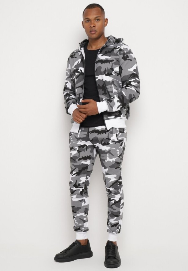 Szary Komplet Dresowy Moro Rozpinana Bluza z Kapturem Spodnie ze Ściągaczami Rotita