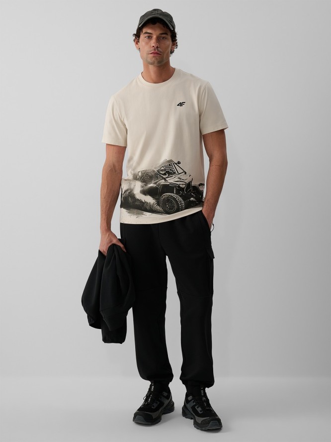4F T-shirt regular z nadrukiem męski - kremowy XXL