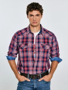 Koszula męska bawełniana w kratę czerwono-granatowa Retinezi 603