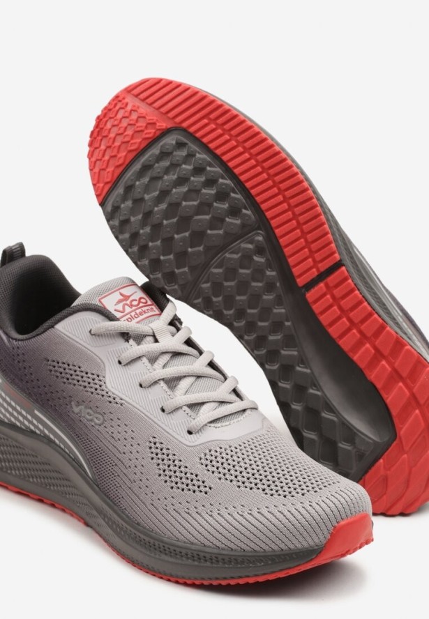 Szaro-Czerwone Buty Sportowe Sneakersy z Siateczki na Piankowej Podeszwie Saralia