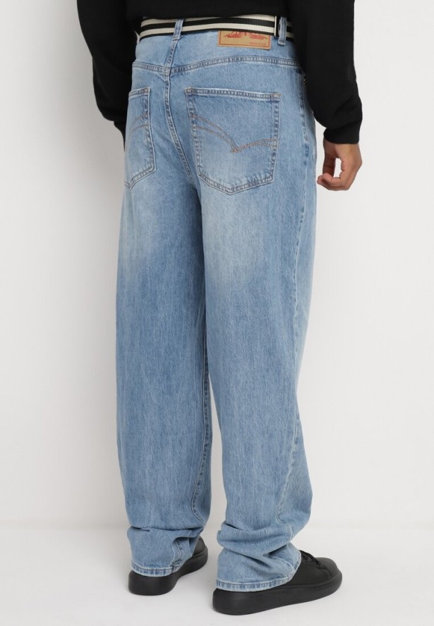 Niebieskie Szerokie Jeansy z Bawełny Ozdobione Paskiem Lerillis