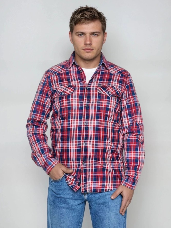 Koszula męska bawełniana w kratę czerwono-granatowa Retinezi 603
