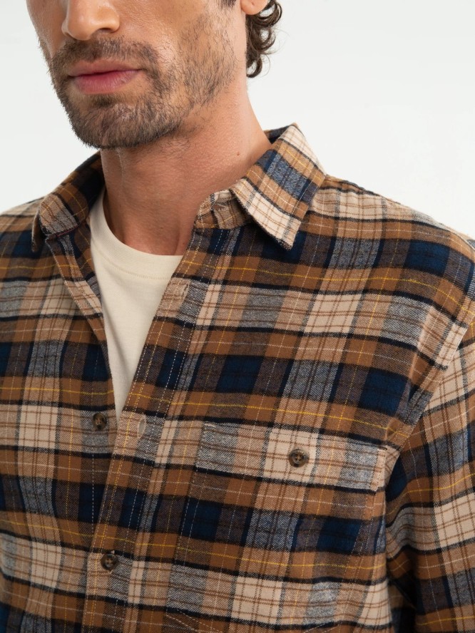 Koszula męska flanelowa w kratę brązowa Flanen 803