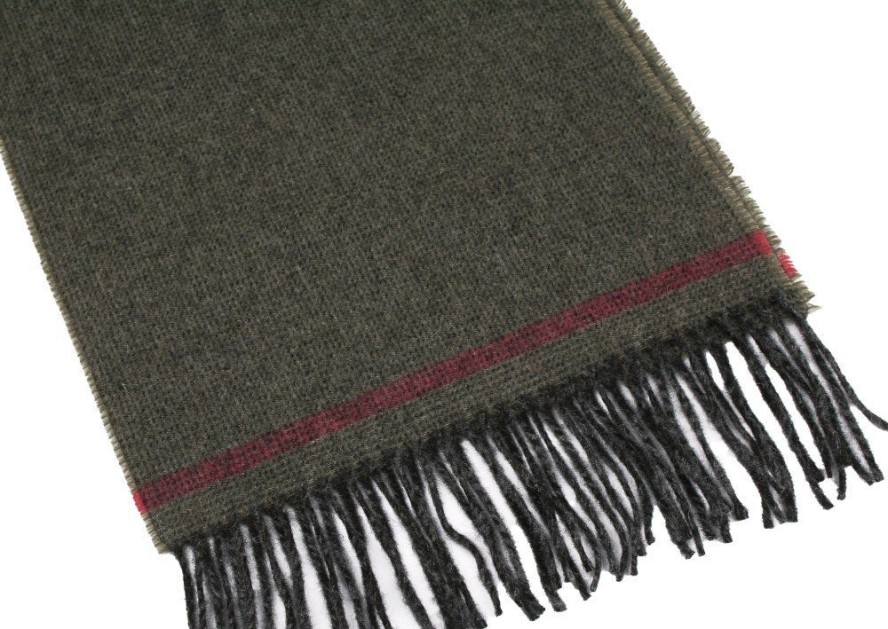 Szalik Wełniany z Frędzlami, Zielony z Czerwonym Paskiem, Ciepły, Męski -V. FRAAS