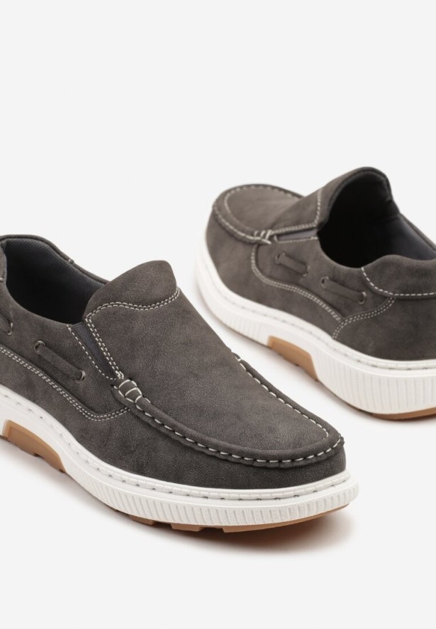 Szare Półbuty z Ozdobnymi Przeszyciami i Sznurkiem Vevanelle