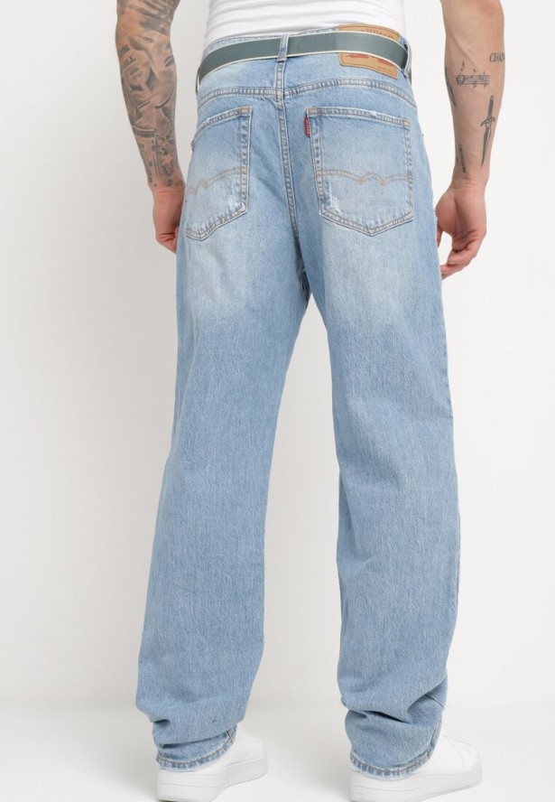 Niebieskie Jeansy Regular Bawełniane z Materiałowym Paskiem Hisperwa