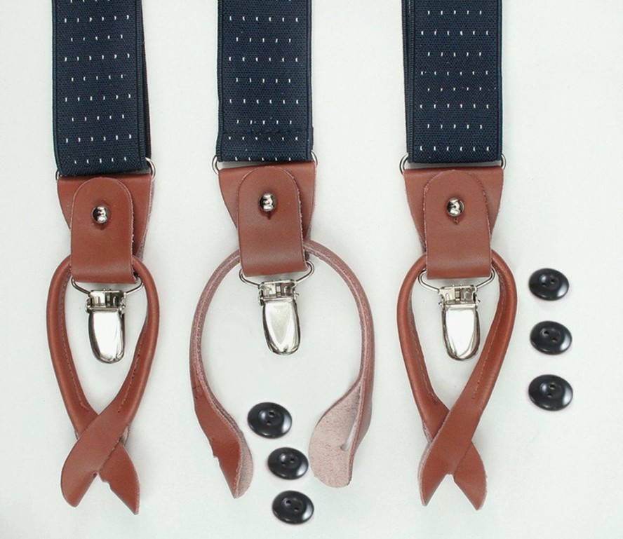 Szelki Męskie, Zapięcie na Guziki lub Żabki - ALTIES - Granatowe w Drobny Groszek