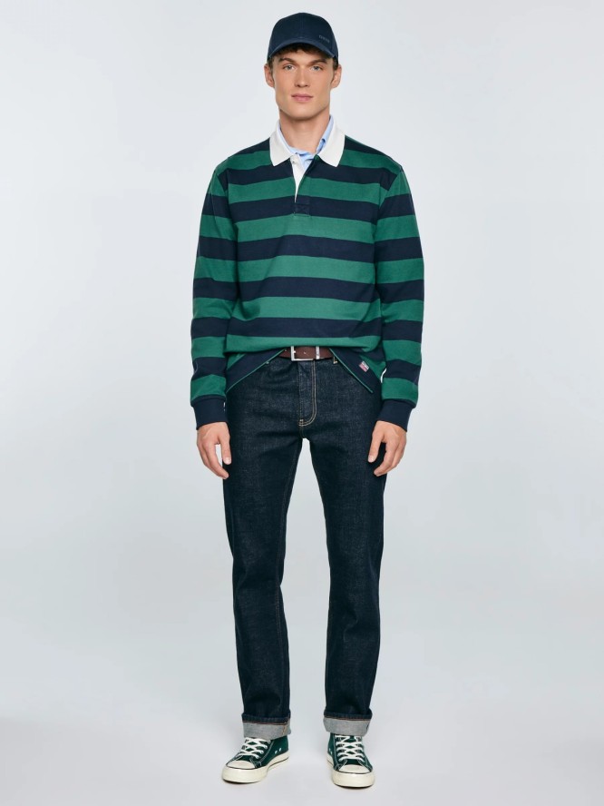 Koszulka męska polo z długim rękawem w pasy granatowo-zielona Miker 403