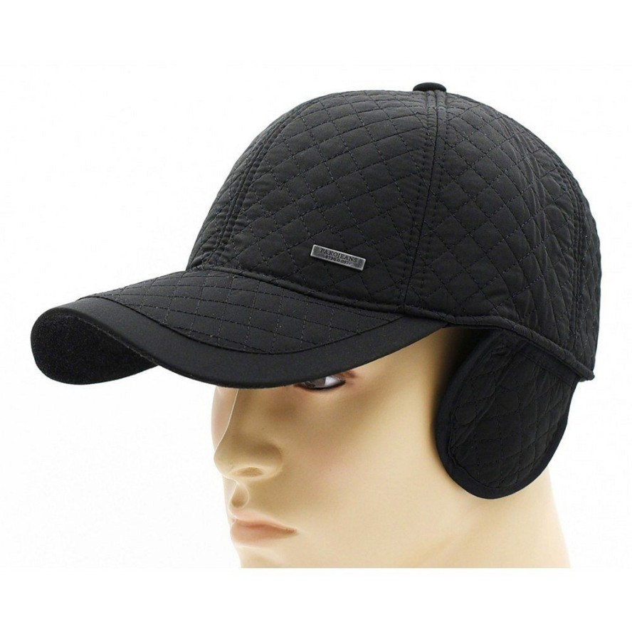 Czapka Czarna z Daszkiem, z Nausznikami, Pikowana, Jesienno-Zimowy -Pako Jeans