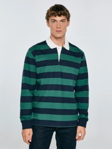 Koszulka męska polo z długim rękawem w pasy granatowo-zielona Miker 403